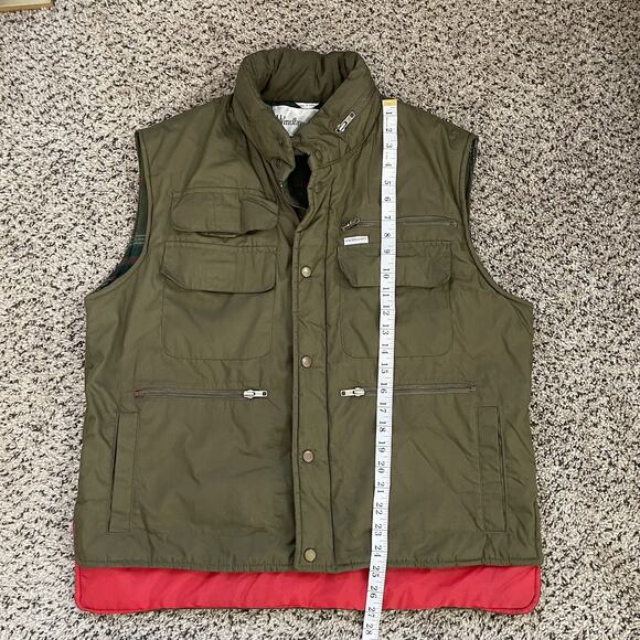 Vtg Windbreaker Army Green Flannel Lined Hunting Field Vest Packable Hood 80s L - Picture 10 of 10